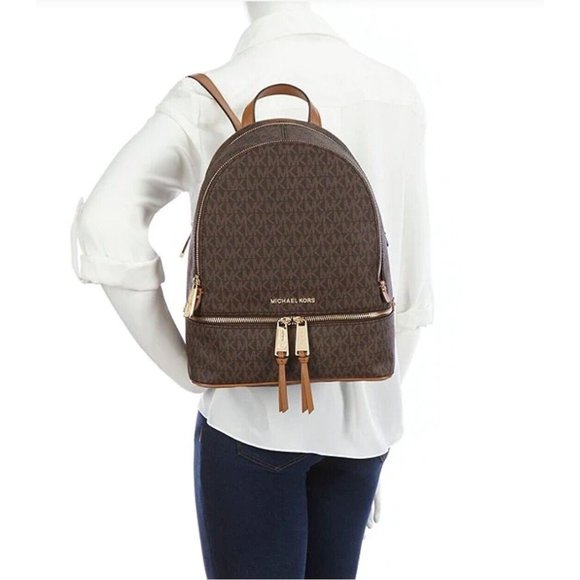 NWT Michael Kors Rhea Signature Logo Medium Backpack - Brown main image 3